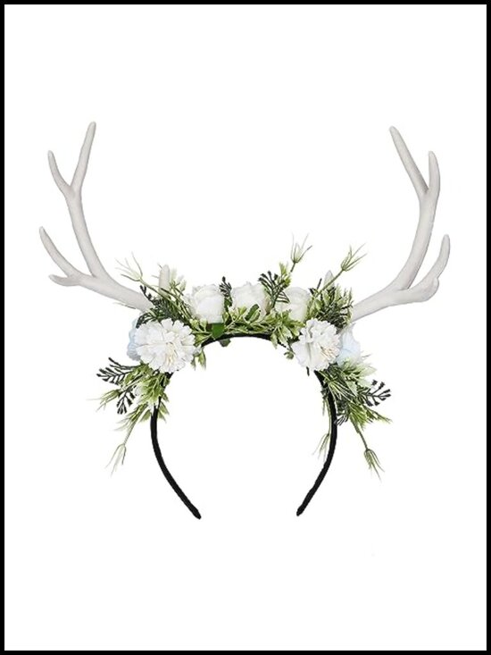 Handmade White Flower Antler Headpiece Woodland Reindeer Headband Forest Floral main image 4